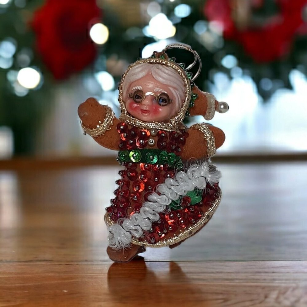 Vintage Grandma Mrs Claus Flocked Sequin Christmas Ornament 3" Hong Kong